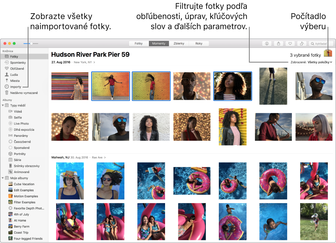 Okno aplikácie Fotky zobrazujúce niekoľko označených fotiek, spôsob filtrovania fotiek v albume a používania postranného panela.