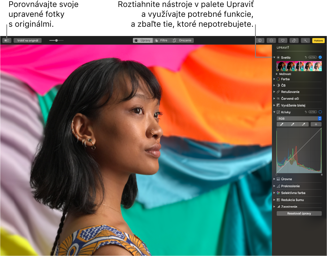 Okno aplikácie Fotky zobrazujúce funkcie novej palety Upraviť.