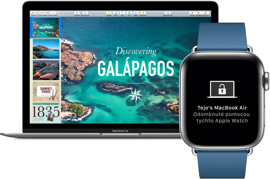 Apple Watch zobrazené spolu s MacBookom Air so správou, že Mac bol odomknutý pomocou Apple Watch.