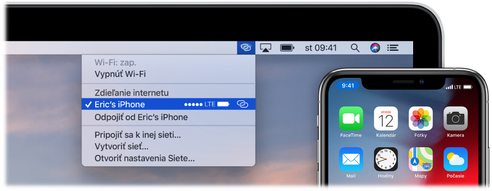 Obrazovka Macu s menu Wi-Fi, kde je znázornené Zdieľanie internetu pripojené k iPhonu.