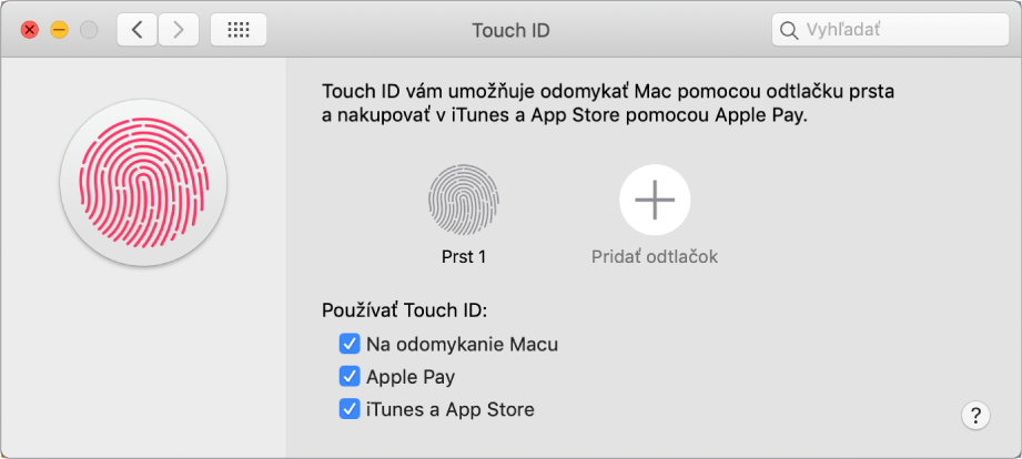 Okno nastavení Touch ID s možnosťami pridávania odtlačkov prstov a používania Touch ID na odomykanie Macu, používanie Apple Pay a nákupy z iTunes Store, App Store a Apple Books.