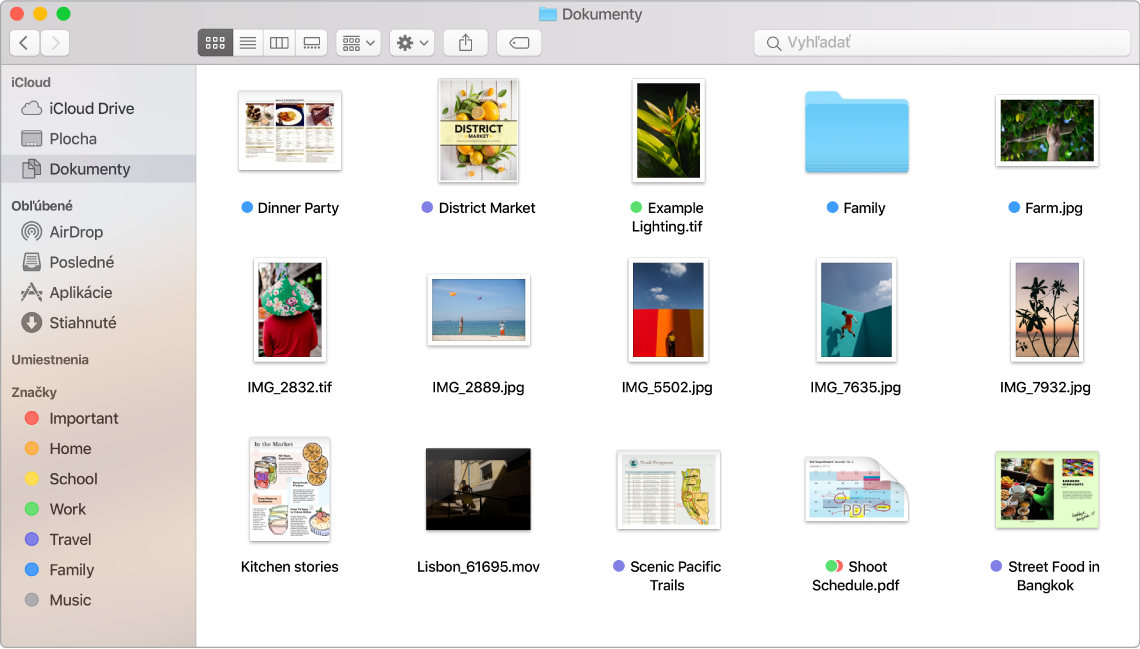 Otvorené okno Findera, v ktorom sa súbory a priečinky zobrazujú ako ikony.