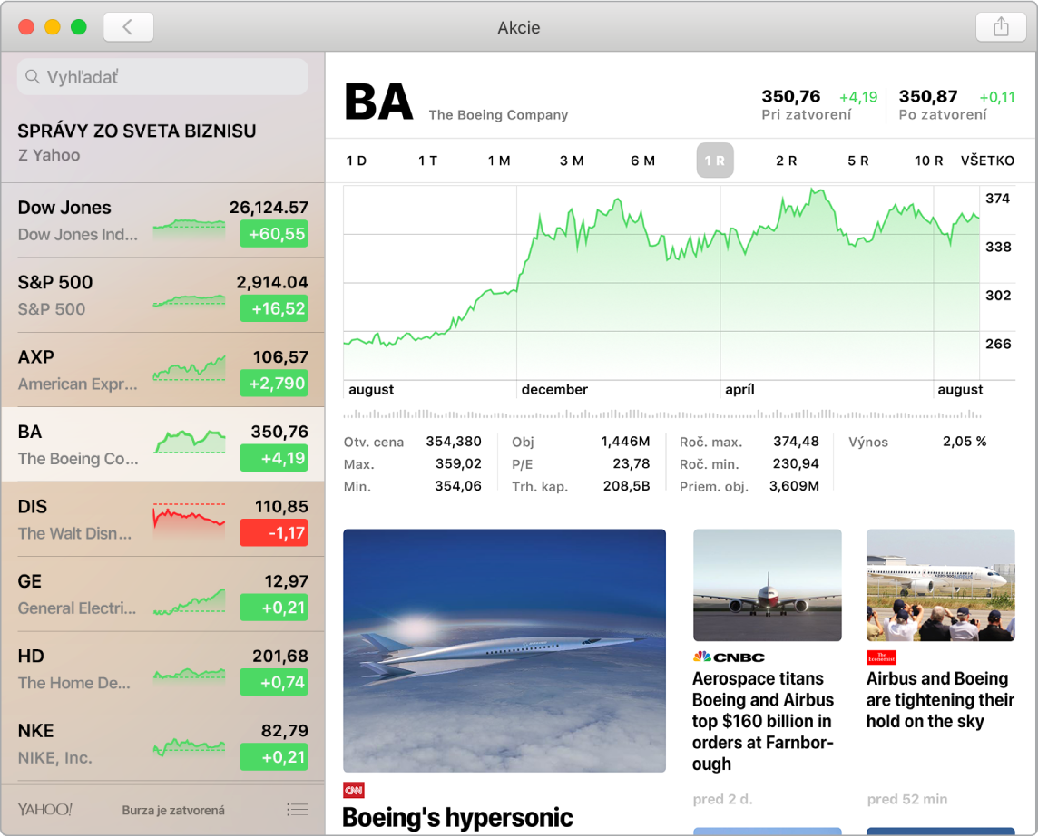 Dashboard aplikácie Akcie zobrazujúci trhové ceny v zozname sledovania spolu s doplňujúcimi časovými osami a článkami.