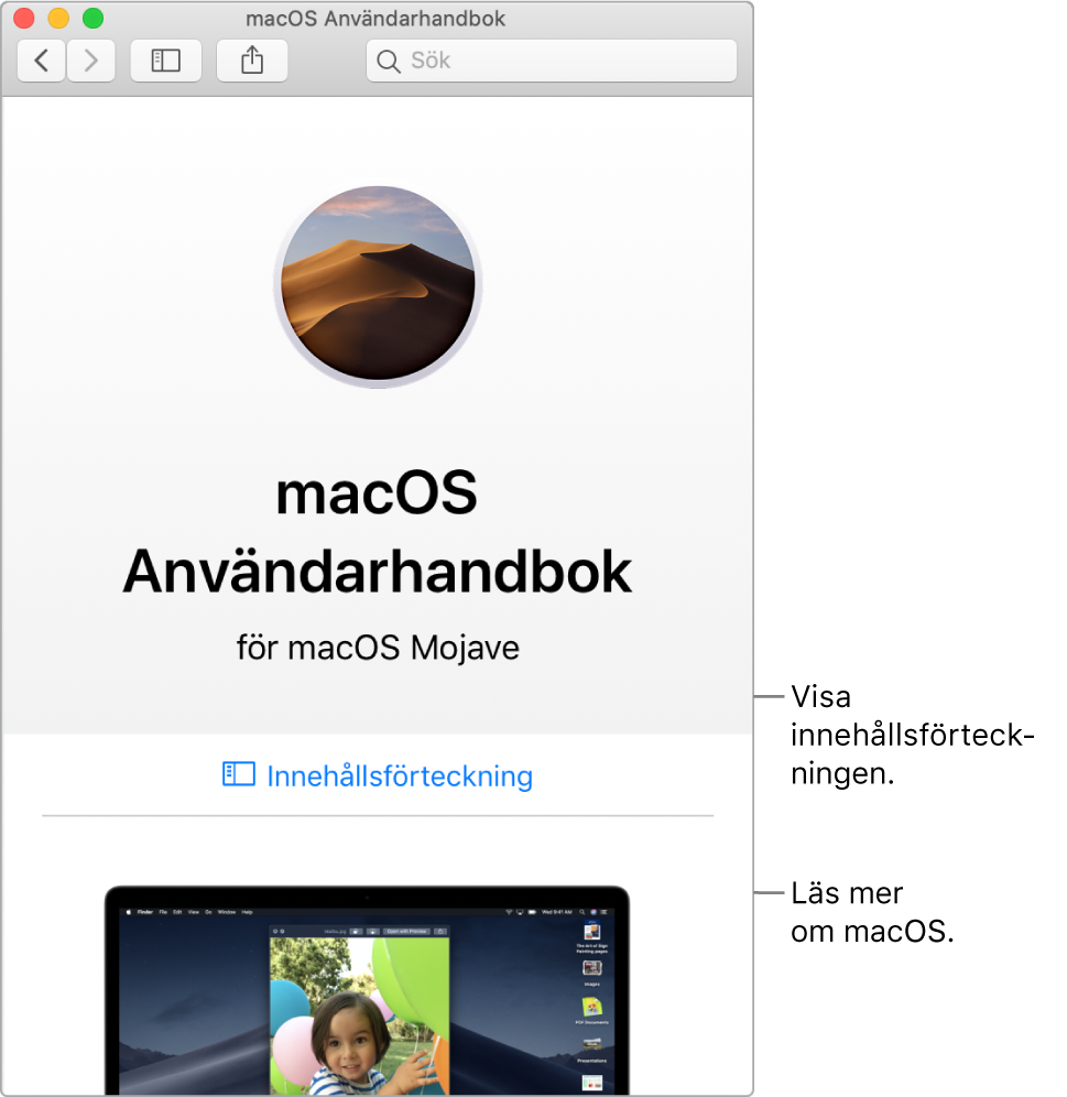 Startsidan i macOS Användarhandbok som innehåller länken till innehållsförteckningen.