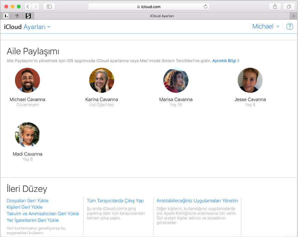iCloud.com üzerinde Aile Paylaşımı ayarlarını gösteren Safari penceresi.