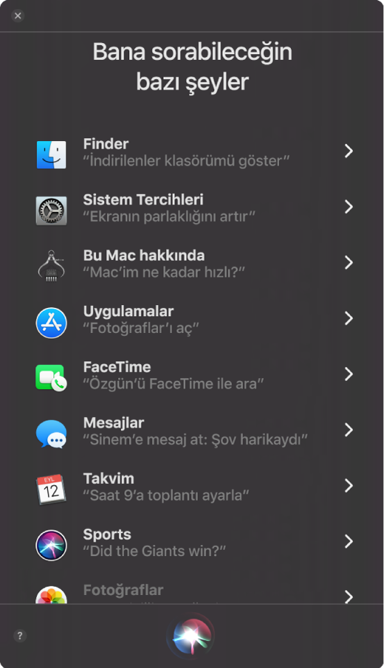 “Bana sorabileceğiniz bazı şeyler” başlığı ile “Galatasaray maçı kazandı mı?” gibi örnek Siri sorgularını gösteren Siri penceresi.