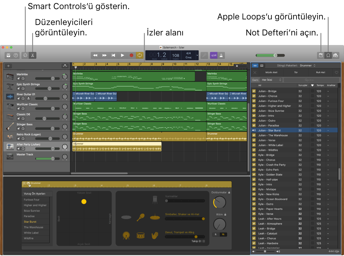 Akıllı Kontroller, Editörler, Notlar ve Apple Loops’a erişim düğmelerini gösteren GarageBand penceresi. Ayrıca, izler görüntüsünü gösterir.