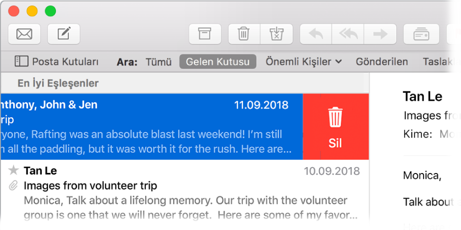 Kaydırılmış ve silinmeye hazır bir mesajı gösteren Mail penceresi.