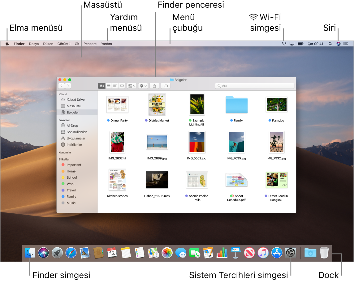 Elma menüsü, masaüstü, Yardım menüsü, Finder penceresi, menü çubuğu, Wi-Fi simgesi, Siri’den İste simgesi, Finder simgesi, Sistem Tercihleri simgesi ile Dock’u gösteren bir Mac ekranı.