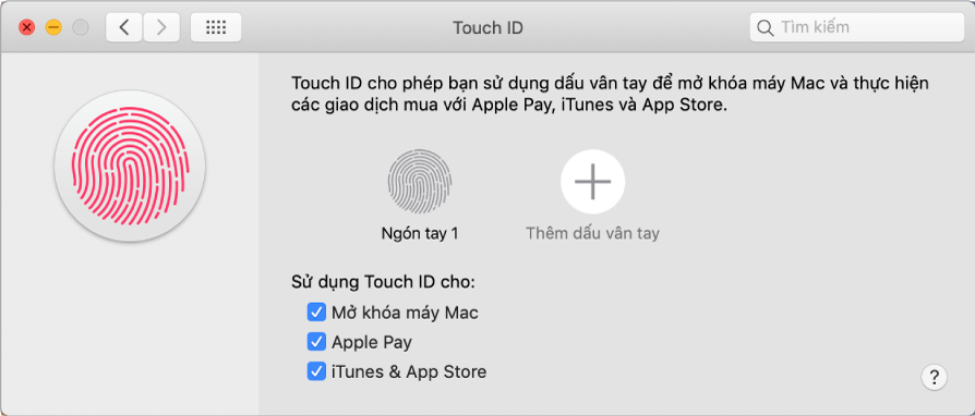 Cửa sổ tùy chọn Touch ID với các tùy chọn để thêm dấu vân tay và sử dụng Touch ID để mở khóa máy Mac, sử dụng Apple Pay và mua từ iTunes Store, App Store và Apple Books.