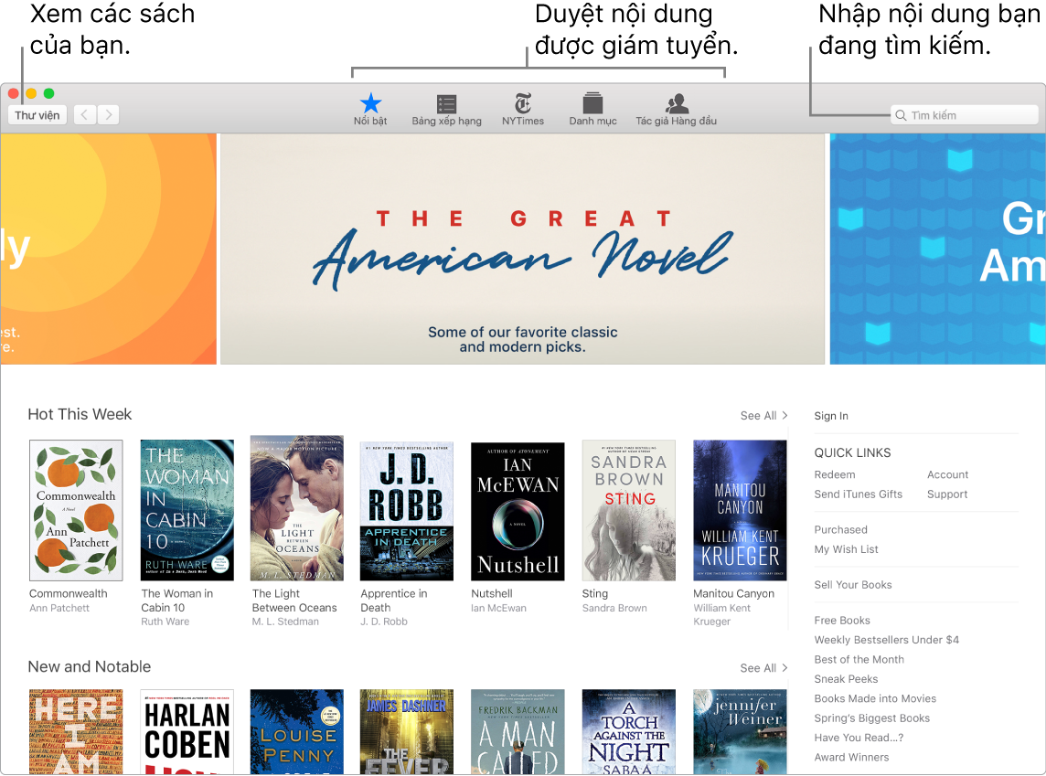 Cửa sổ Apple Books đang minh họa cách xem sách, duyệt nội dung được giám tuyển và tìm kiếm.