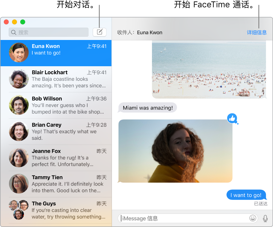 “信息”窗口,显示如何开始对话和如何开始进行 FaceTime 通话。