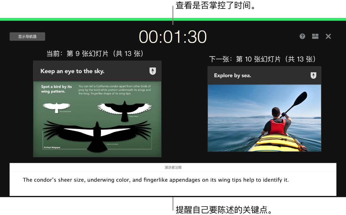 Keynote 讲演窗口，显示“预演幻灯片放映”功能。