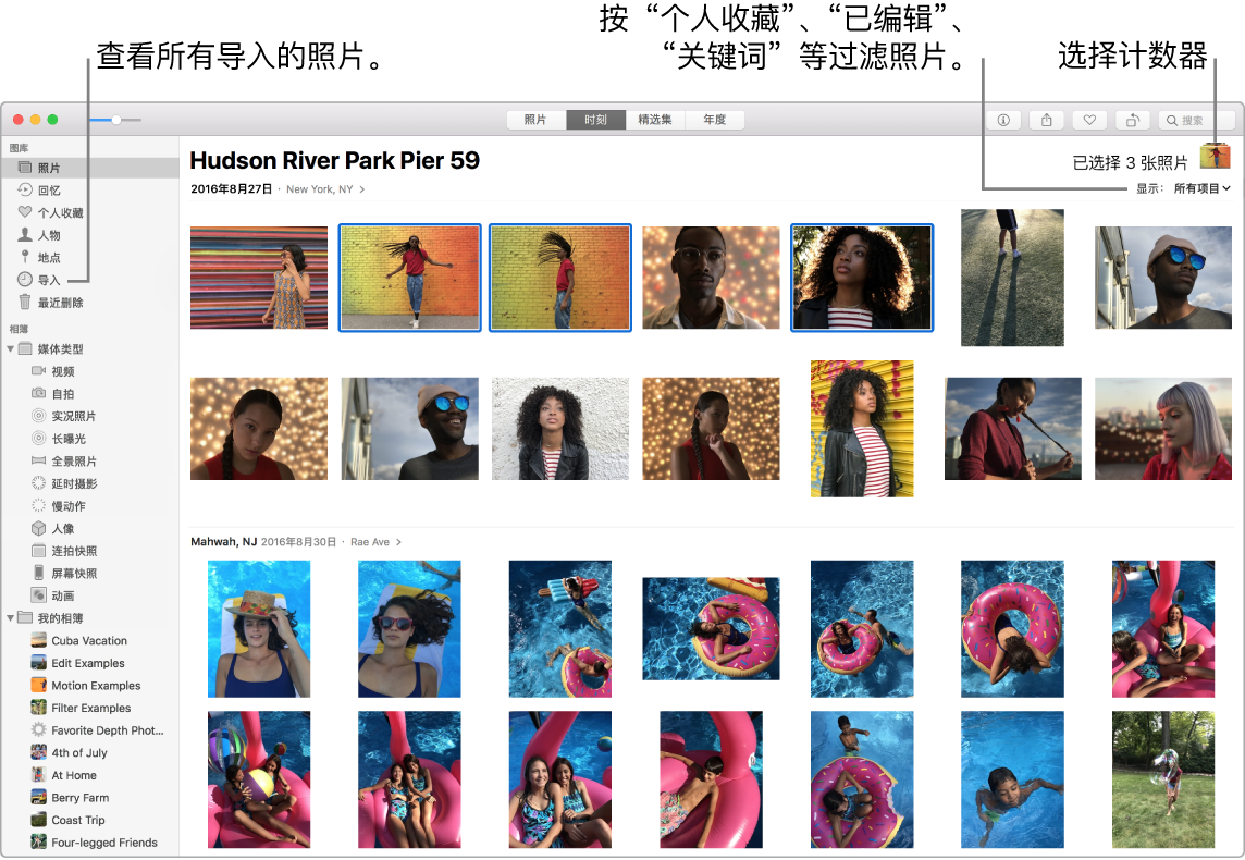“照片”窗口，显示多张选中的照片、如何筛选相簿中的照片以及如何使用边栏。