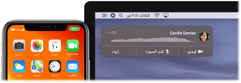 شاشة Mac تعرض نافذة إشعار المكالمات في الزاوية العلوية اليسرى، وiPhone يعرض أن هناك مكالمة قيد التقدم من خلال الـ Mac.