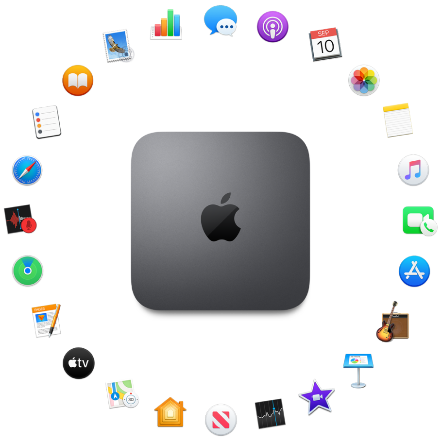 En Mac mini omgivet af symbolerne for de indbyggede programmer, der beskrives i de følgende afsnit.