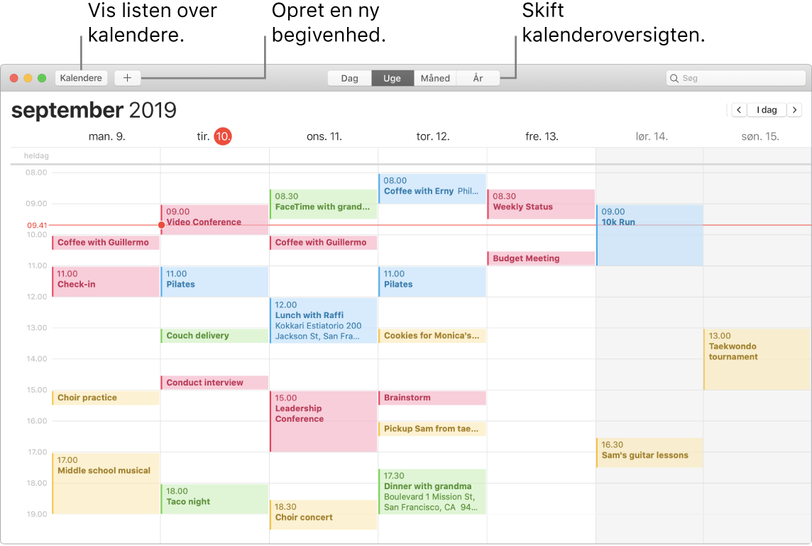 Et kalendervindue, der viser, hvordan du opretter en begivenhed, får vist kalenderlisten og vælger oversigten Dag, Uge, Måned eller År.