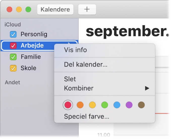 Genvejsmenu til Kalender med muligheder til tilpasning af en kalenders farve.