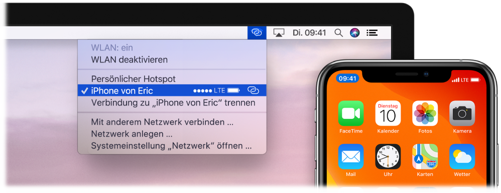 Der Mac-Bildschirm mit dem WLAN-Menü, in dem ein mit dem iPhone verbundener persönlicher Hotspot zu sehen ist