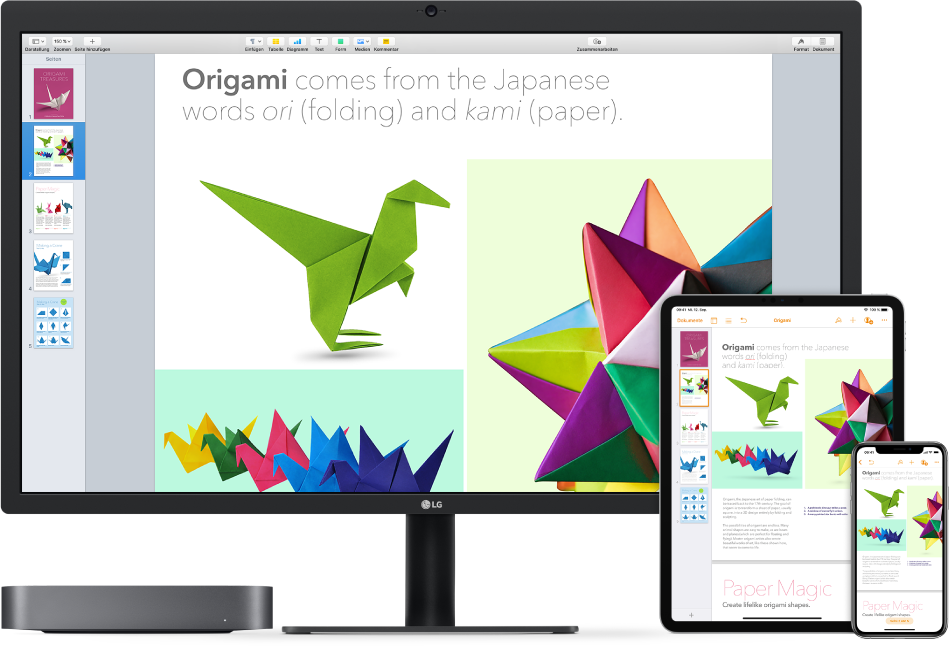 Auf einem iPad, iPhone und Mac mini wird der identische Inhalt angezeigt.