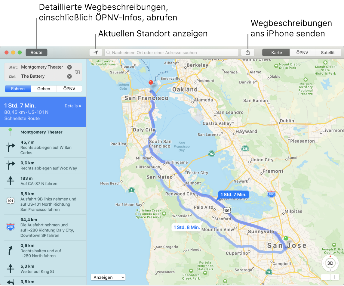 Ein Karten-Fenster mit Informationen zum Anzeigen von Routen durch Klicken auf „Route“ oben links und zum Senden von Wegbeschreibungen ans iPhone mithilfe der Taste „Teilen“