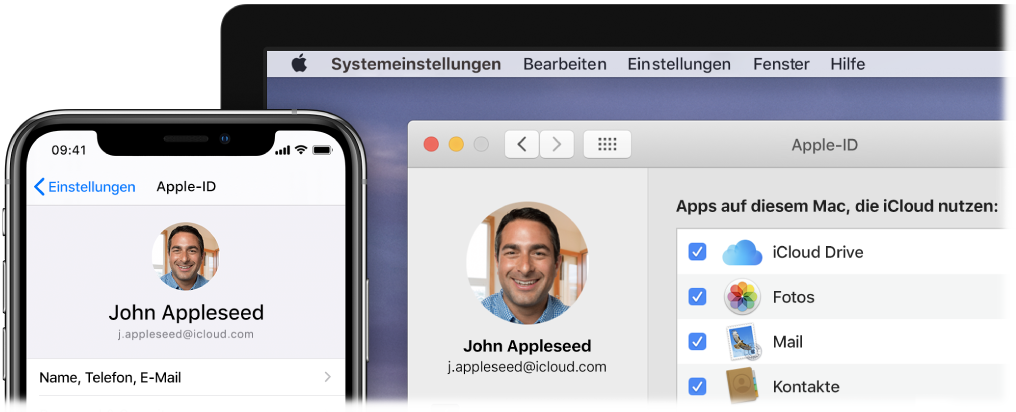 Ein iPhone, auf dem die iCloud-Einstellungen zu sehen sind, und ein Mac-Bildschirm mit dem iCloud-Fenster