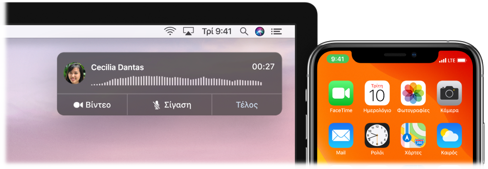 Οθόνη του Mac στην οποία εμφανίζεται το παράθυρο γνωστοποίησης κλήσης στην επάνω δεξιά γωνία και ένα iPhone στο οποίο φαίνεται ότι βρίσκεται σε εξέλιξη μια κλήση μέσω του Mac.
