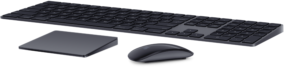 An image of a wireless keyboard, trackpad, and mouse.