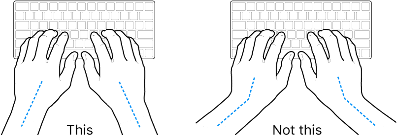 Hands positioned over a keyboard, showing correct and incorrect wrist and hand alignment.