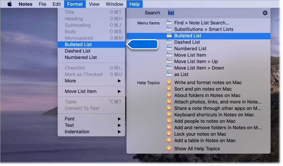The Help menu showing a search for “list” with the Bulleted List command highlighted in the results list and in the Format menu.