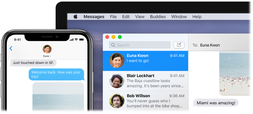 The Messages app open on a Mac, showing the same conversation in Messages on an iPhone.