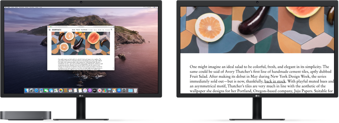 La función “Pantalla de zoom” está activa en la pantalla secundaria, mientras que la pantalla de la Mac mini se mantiene en su tamaño normal.
