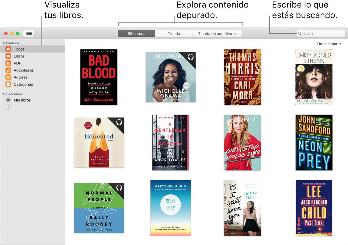 Una ventana de la app Libros donde se muestra cómo ver libros, explorar contenido seleccionado y realizar búsquedas.