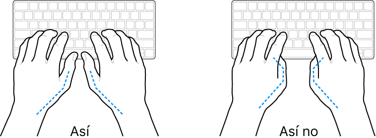 Manos colocadas sobre un teclado que muestran una posición correcta e incorrecta de los pulgares.