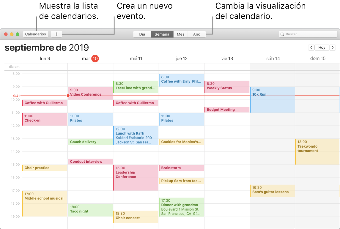Una ventana de Calendario donde se muestra cómo crear un evento, cómo mostrar la lista de calendarios y cómo seleccionar la vista Día, Semana, Mes o Año.