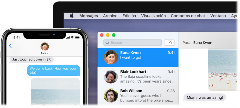 App Mensajes abierta en un Mac con la misma conversación que en la app Mensajes de un iPhone.