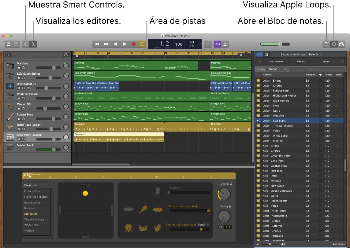Una ventana de GarageBand con los botones para acceder a los Smart Controls, los editores, las notas y los bucles Apple Loops. También se muestra la visualización de pistas.
