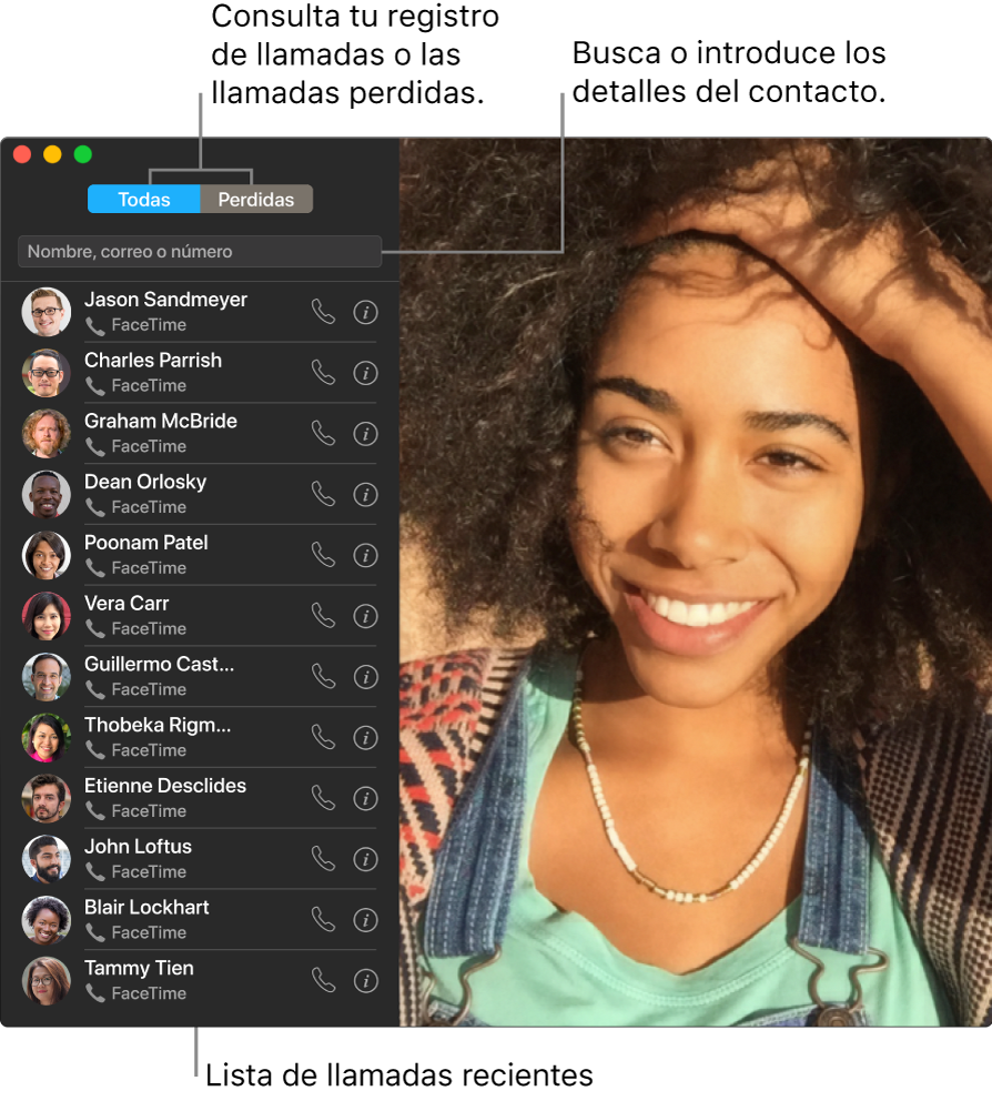 Una ventana de FaceTime donde se muestra cómo realizar una llamada de audio o vídeo, cómo utilizar el campo de búsqueda para introducir o buscar detalles de contacto y cómo ver la lista de llamadas recientes.