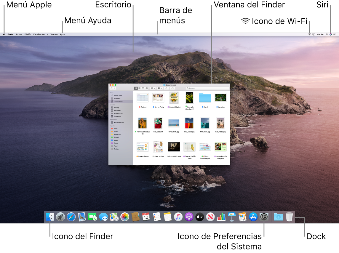 Pantalla del Mac con el menú Apple, el menú Ayuda, el escritorio, la barra de menús, la ventana del Finder, el icono de Wi-Fi, el icono para preguntar a Siri, el icono del Finder, el icono de Preferencias del Sistema y el Dock.