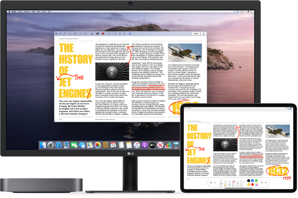 Mac mini ja iPad ovat vierekkäin. Molemmilla näytöillä on artikkeli, johon on tehty punakynällä paljon muutoksia, kuten viivattu yli lauseita, piirretty nuolia ja lisätty sanoja. iPadin näytön alaosassa näkyy myös merkintäsäätimiä.