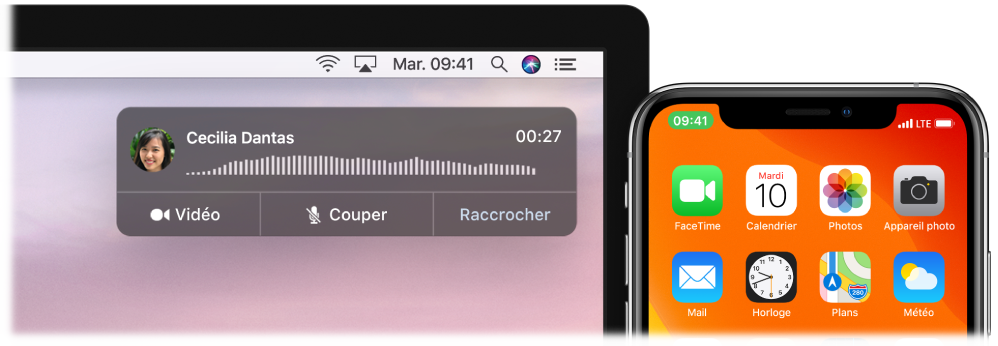 Écran d’un Mac affichant la fenêtre de notification d’appel en haut à droite, et un iPhone indiquant qu’un appel est en cours sur le Mac.