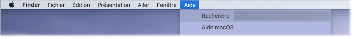 Un bureau partiel avec un menu Aide ouvert, affichant les options de menu pour Recherche et Aide macOS.