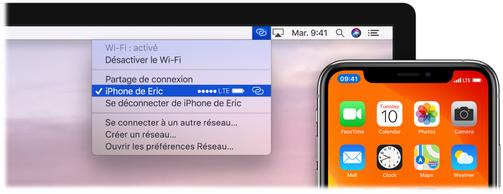 Écran du Mac avec le menu Wi-Fi affichant un Partage de connexion connecté à un iPhone.