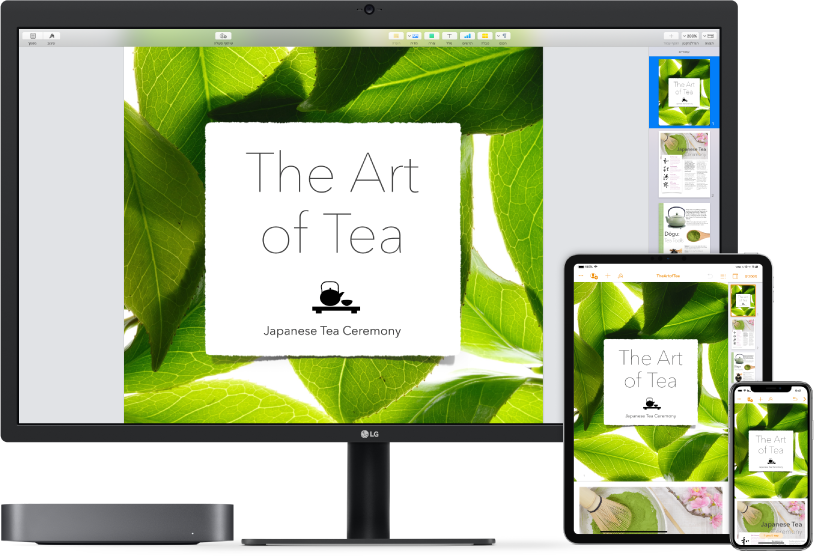 ‏Mac mini ליד מכשירים שונים המציגים כולם את אותו תוכן ב-iCloud.