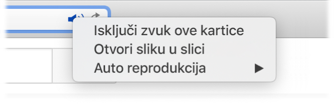 Podizbornik za ikonu Audio, sa stavkama Isključi zvuk ove kartice, Otvori sliku u slici i Auto reprodukcija.