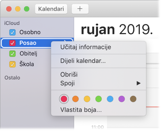 Izbornik s prečacima kalendara s opcijama za prilagodbu boje kalendara.