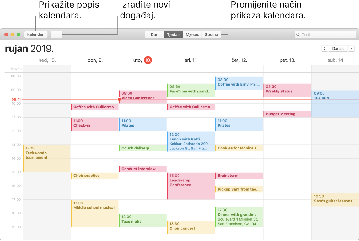 Prozor Kalendara koji prikazuje kako izraditi događaj, prikazati popis kalendara i odabrati prikaz Dan, Tjedan, Mjesec ili Godina.