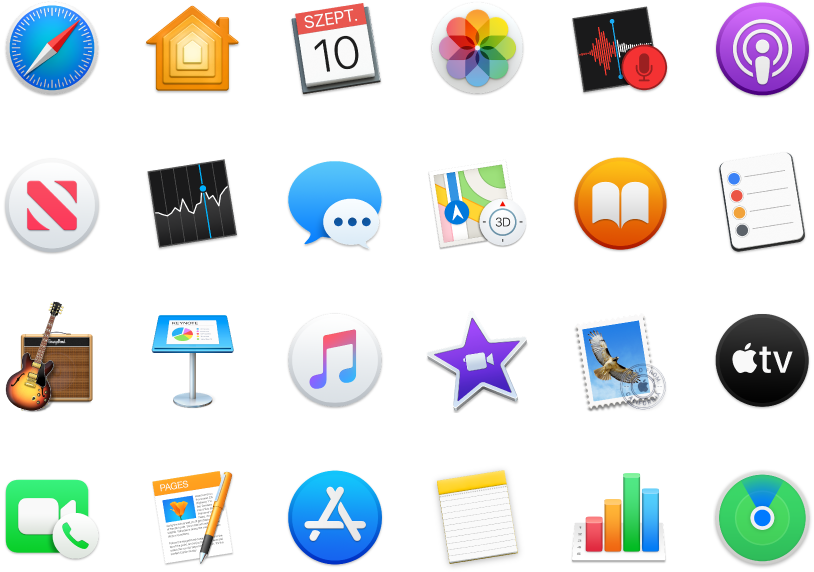 A Mac mini gépen lévő alkalmazások ikonjai.