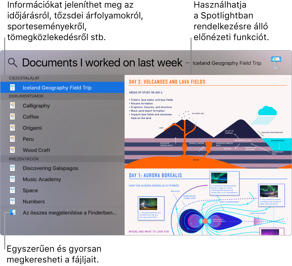 A Spotlight ablaka a bal oldalon a keresési találatokkal és a jobb oldalon az előnézettel.