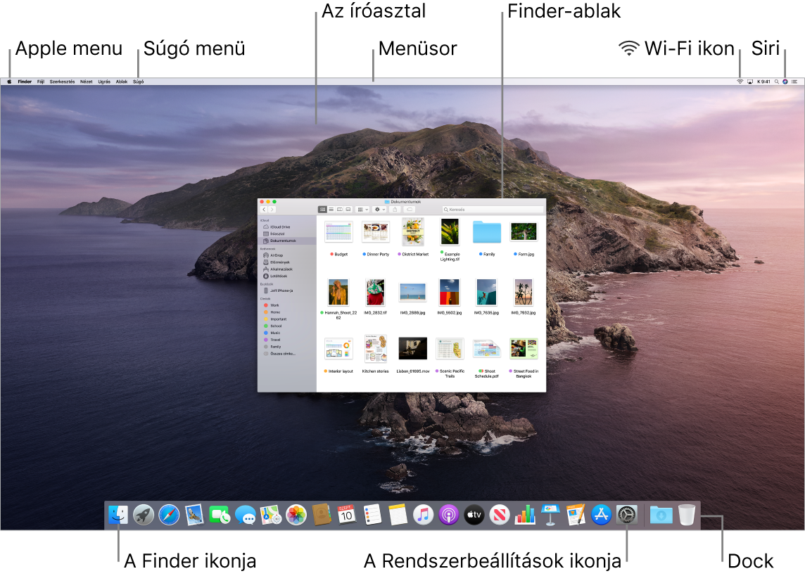 Egy Mac képernyője az Apple menüvel, a Súgó menüvel, az íróasztallal, a menüsorral, egy Finder-ablakkal, a Wi-Fi ikonjával, a Siri ikonjával, a Dockkal, a Finder ikonjával és a Rendszerbeállítások ikonjával.